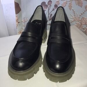 Marc Fisher Black Leather Penny Loafers with Chunky Tan Soles